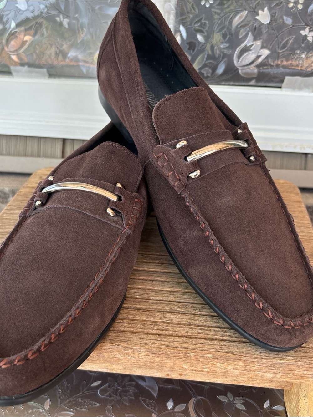 Stacy Adams Brown Suede Slip-On Loafers with Gold-Tone Bit 14 EUC